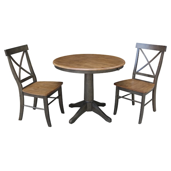 International Concepts Round 36 in Rd Extension Dining Table, 2 X-Back Chairs, Hickory/Washed Coal, 36 in W, 48 in L, Wood K45-36RXT-27B-C613-2 - main